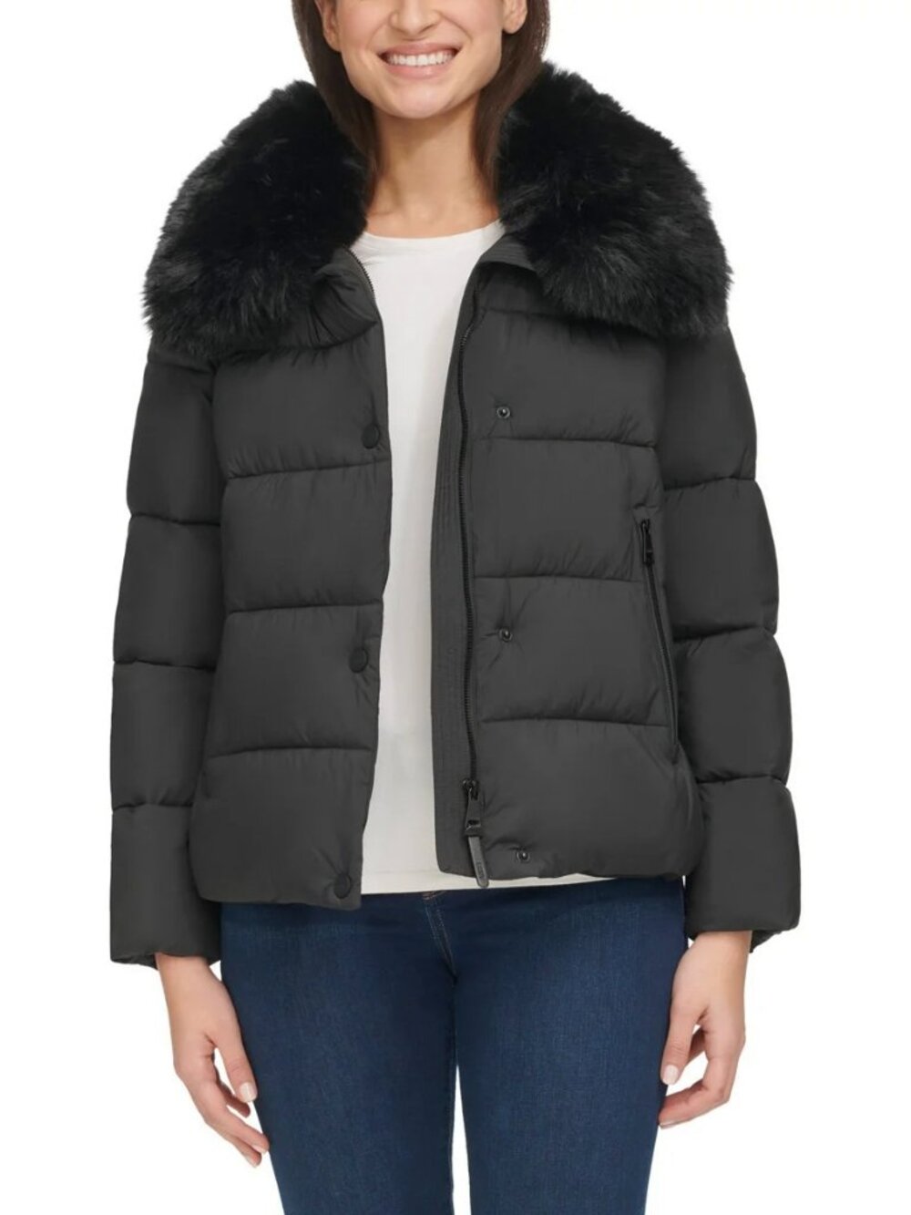 DKNY Women's Short Puffer with Removable Faux Fur‎ Collar